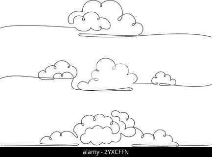 Durchgehende Punktewolken mit einer Linie. Minimalistische lineare flauschige Wolke, einfache nimbus und dekorative Himmelsmotive bewölkte Vektor horizontale Trennwände Illustrationen Stock Vektor