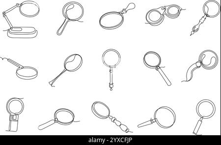 Durchgehende einzeilige Lupe. Minimalistische Linearlupen, antikes Lupensuchsymbol, handgezeichnetes Monokel und Explorerglas Stock Vektor