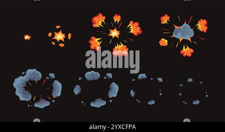 Animation zur Radialbombenexplosion. Dynamischer Feuerstrahl mit sich ausbreitenden Rauchwolken und leuchtenden Funken. Explosiver Aufpralleffekt animiert Stock Vektor