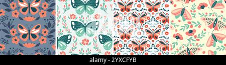 Blumen- und Schmetterlingsmuster. Dekorative Motten- und Schmetterlingsflügel mit floralen Verzierungen von blühenden Blumen und Blättern. Handgezeichnet Stock Vektor