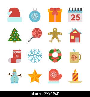 Weihnachtssymbole gesetzt. Neujahrsdekoration im flachen Stil. Vektorabbildung Stock Vektor