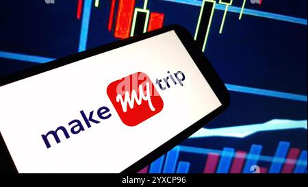 Konskie, Polen - 14. Dezember 2024: Das Firmenlogo von MakeMyTrip wird auf dem Mobiltelefon angezeigt Stockfoto