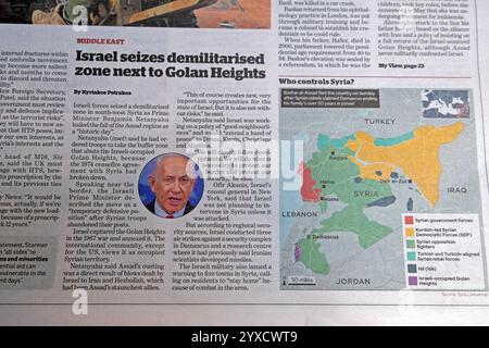 "Israel beschlagnahmt entmilitarisierte Zone neben den Golanhöhen" i Zeitung Headline und Karte Fall des Assad-Regimes in Syrien artikel 10 Dezember 2024 London Vereinigtes Königreich Stockfoto