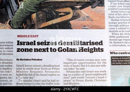 "Israel beschlagnahmt entmilitarisierte Zone neben den Golanhöhen" die Zeitung i überträgt den Fall des Assad-Regimes in Syrien artikel 10 Dezember 2024 London Vereinigtes Königreich Stockfoto