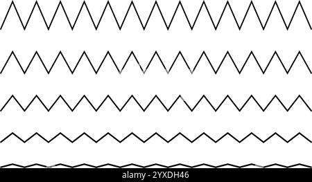 Horizontale Zickzack-Linien unterschiedlicher Amplitude. Satz einfacher gezackter Ränder. Zick-Zack-Streifen isoliert auf weißem Hintergrund. Vektorgrafik. Stock Vektor