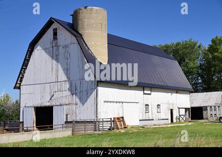 Lee, Illinois, USA. Eine verwitterte weiße Scheune befindet sich auf einem Feld entlang einer Landstraße im Mittleren Westen der Vereinigten Staaten. Stockfoto