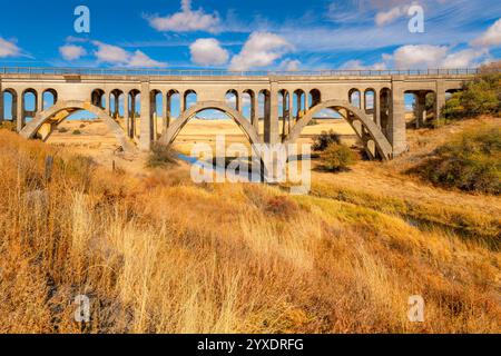 Die 1915 erbaute Rosalia Railroad Bridge überquert den Pine Creek mit dem dahinter liegenden Steptoe Battlefield State Park in Rosalia, Washington Stockfoto