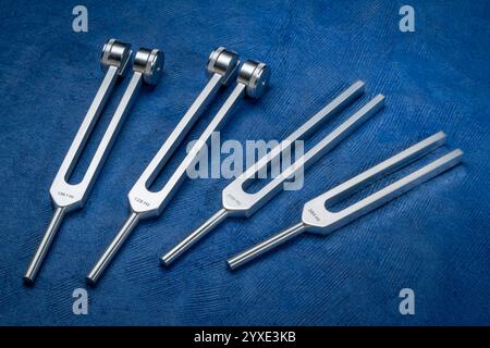 Satz gewichteter und ungewichteter Stimmgabeln aus Metall, die zum Abstimmen von Musikinstrumenten, zur Klangtherapie, zur Chakra-Heilung oder Entspannung verwendet werden. Stockfoto