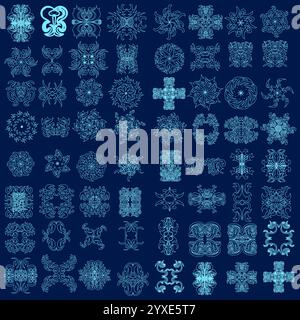 Dekorative blaue Konturverzierungen. Retro-Zierrahmen, runde Vintage-Ornamente, verzierte Borte. Abgerundete Hochzeitsrahmen, antike Museumsrand Stock Vektor