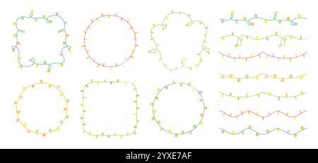 Weihnachtsgirlande Zeichentrickrahmen Set. Glühbirne glühende Girlande Weihnachtsdekoration. Transparentes Vektorformat mit leuchtendem Lichteffekt für Webbanner und Postkarten isolierte Illustration Stock Vektor