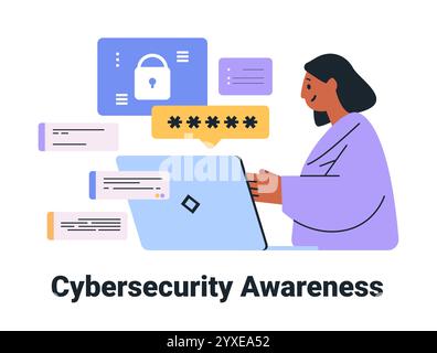 Cyber Security Awareness Frau verwendet digitales Sicherheitskonzept für Laptops Schlosssymbole Passwörter schwimmende Elemente farbenfrohes Design Landing Page Stock Vektor