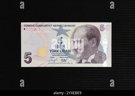 Türkei-5-Lira-Banknote mit Porträt von Präsident Mustafa Kemal Atatürk Stockfoto