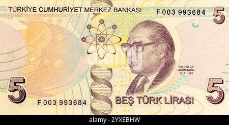 Türkei 5-Lira-Banknote mit Dr. Aydin Sayili, einem Historiker des Wissenschaftsportraits, des Sonnensystems, des Atoms, der linkshändigen Z-DNA-Helix. Stockfoto