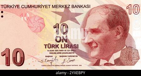 10-Lira-2009-Banknote der Türkei mit dem Porträt des Präsidenten Mustafa Kemal Atatürk (1881-1938) Stockfoto