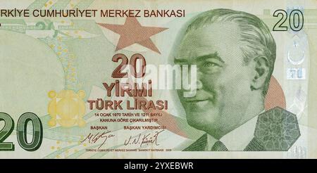 Türkei 20-Lira-2009-Banknote mit Präsident Mustafa Kemal Atatürk-Porträt Stockfoto