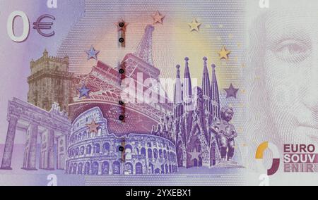 Türkei Souvenir 0-Euro-Banknote mit Darstellung von sechs europäischen Denkmälern: Berliner Brandenburger Tor. Belemturm. Pariser Eiffelturm Stockfoto