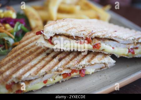 Genießen Sie köstliche gegrillte Sandwiches mit knusprigen Pommes frites, die eine ideale Mahlzeit sind Stockfoto