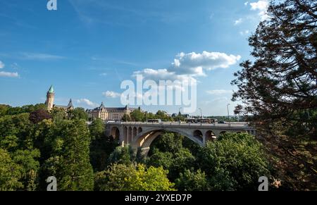 Malerischer Blick auf die Adolphe-Brücke und die Spuerkeess-Bank über das Petrusse-Tal - Luxemburg-Stadt Stockfoto