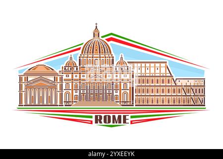 Vektor-Illustration von Rom, horizontales Schild mit linearem Design berühmtes Erbe rom Stadtlandschaft auf Tageshimmel Hintergrund, europäisches städtisches Linie Kunstkonzept Stock Vektor