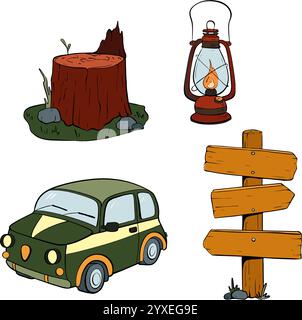 Erleben Sie den Charme eines klassischen Campingplatzes mit einem Oldtimer, einer Laterne und einem reizvollen Wegweiser. Vektorabbildung. Tourismus Stock Vektor