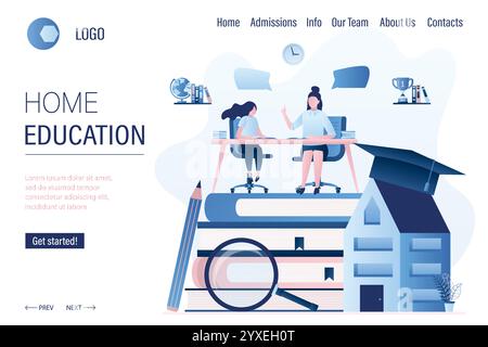Vorlage für die Landing-Page zu Hause oder Bildung. Banner für die Untersuchungsvorbereitung. Eine Tutorin und eine Teenager-Schülerin. Website für Kurse und Tutorials. Stapel o Stock Vektor