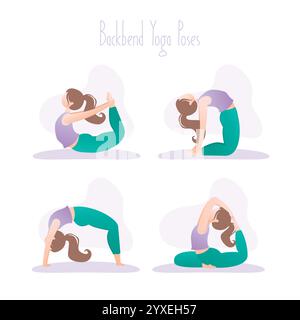 Glückliches Mädchen in Yoga-Pose. Set aus vier Backbend-Asana-Posen im Hatha-Yoga. Einfacher menschlicher weiblicher Charakter. Sportaktivitätskonzept. Flache Vektorillustraten Stock Vektor