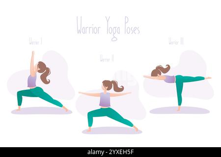 Glückliches Mädchen in Yoga-Pose. Set aus drei Krieger-Asana-Posen im Hatha-Yoga. Einfacher menschlicher weiblicher Charakter. Illustration des flachen Vektors Stock Vektor