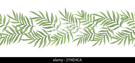 Aquarellgrün Areca Palm oder Cycas hinterlässt horizontales Banner. Tropische Blattzweige florale Sommerillustration für Hochzeit Textil, Reise Stockfoto
