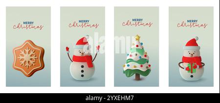 Set 3D Moderne vertikale Illustration mit einem Schneeflockenförmigen Keks, Schneemann, Weihnachtsbaum auf einem weichen Hintergrund mit Farbverlauf. Mit dem Text Merry Stock Vektor