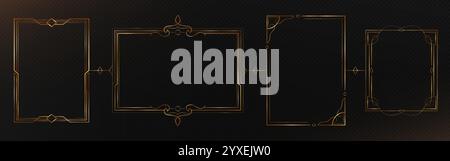 Elegantes, dünnes goldenes Rahmenset. Geometrische ornamentale Grenzen auf schwarzem Hintergrund. Luxuriöses goldenes rechteckiges Design mit zarter Eckdekoration, geschwungenen Linien und Blumenmotiven für Einladungen. Stock Vektor