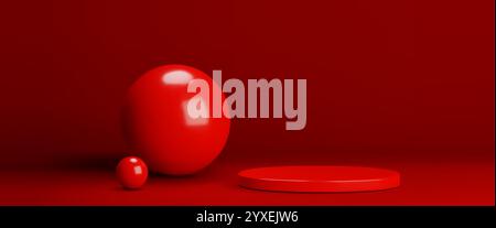 Rote luxuriöse 3D-Vektorkomposition mit Hochglanzkugeln neben einer runden Plattform für Produktpräsentationen oder Siegerpreise. Kastanienbraunes Studio-Zimmer mit modernem Markenpräsentationspodest und Bällen. Stock Vektor