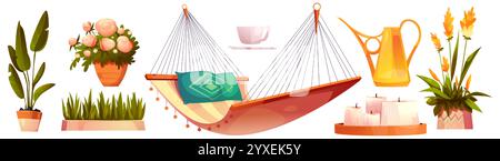 Terrasse mit Gartenterrasse - komfortable Hängematte, Topfblumen, dekorative Pflanzen. Sommerentspannungsset mit gelbem Krug, Teetasse und Duftkerzen. Gemütliche Outdoor-Lounge-Elemente im Hinterhof. Stock Vektor