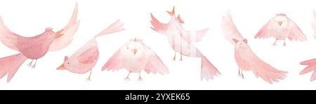 Vögel fliegen, singen, Zeichentrickfiguren, handgemalte Aquarellrandung isoliert auf weiß. Hochwertige pinkfarbene Clip-Art, ideal für Kinder Stockfoto