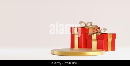Geschenkpodium – rot gewickelte Geschenke mit goldenen Bändern und einer runden Plattform aus Metallic. Luxuriöse festliche Komposition vor pastellfarbener Kulisse für Urlaubswerbung und festliche Begrüßung. Stock Vektor