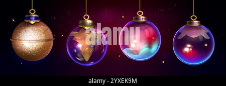 Goldene 3D-Weihnachtskugeln. Luxuriöse Dekoration - glänzende Kugel aus Metall, Kristallkugel mit goldenen Elementen, transparente Glaskugel mit Lichtern, blau leuchtende Kugel auf dunklem Hintergrund. Stock Vektor