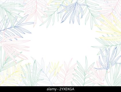 Vektor tropische Blätter in pastellfarbenen Osterfarben horizontaler Rahmen mit leerem Platz für Text. Palmen-, Ingwer- und Eukalyptussilhouetten mit floralen Linien Stock Vektor