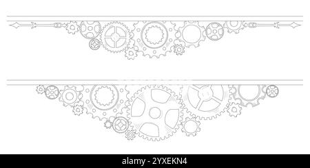 Rahmen und Ecke im Doodle-Stil mit handgezeichnetem, farbenfrohem Zahnradmechanismus, der Geschäftsideen, Teamarbeit und stetigem Fortschritt symbolisiert. Stock Vektor