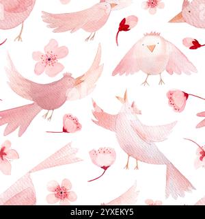 Sakura Blumen und Vögel in verschiedenen Posen, monochromatische handgemalte Aquarellrandung isoliert auf weiß. Hochwertige pinkfarbene Kunst perfekt Stockfoto