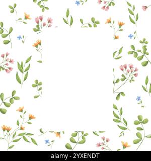 Helle Wiesenblumen und grüne Blätter wachsen auf dem Rahmen. Digitale Illustration mit Aquarell. Niedliches Blumenmuster, isoliert auf weißem Hintergrund. Watercolo Stockfoto
