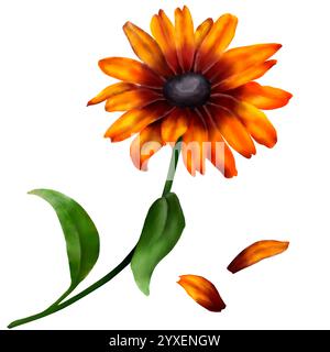 Eine gelbe Blume mit breiten Blättern an einem grünen Stiel. Herbstschulblume auf weißem Hintergrund. Rudbeckia Blumen Aquarellillustration im digitalen Stall Stockfoto