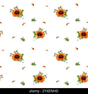 Gelbe Blüten. Warme Herbstkomposition. Nahtloses Muster. Herbstblumen von Rudbeckia Aquarellillustration isoliert auf weißem Hintergrund. Rotes Blütenblatt Stockfoto