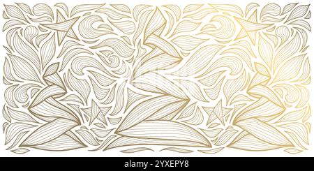 Vektorlinie goldene Weihnachtsbäume mit Sternen Hintergrund. Art Deco, japanische Feiertagsillustration. Silvester-Wintergruß-Ornament, hoizontal. Stock Vektor