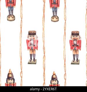 Nussknacker nahtloses Muster, Holzspielzeugsoldat. Aquarell Vintage Tradition Weihnachtsbaum Dekoration handgezeichnete Illustration. Gestreiftes Ornament für Stockfoto