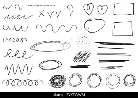 Symbol „Doodles Set“. Handgezeichneter abstrakter Fokus. Verschiedene schwarze Striche. Minimale Vektorelemente. Stock Vektor