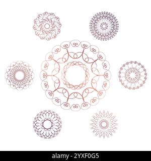 Set aus sieben geometrischen kreisförmigen Elementen. Vektormonogramm auf weißem Hintergrund. Vektorabbildung Stock Vektor