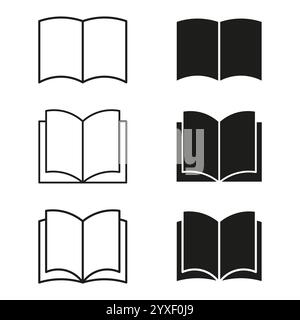 Symbol „Buch öffnen“. Minimale Buchformen. Schwarzweißsymbole. Vektorabbildung. Stock Vektor