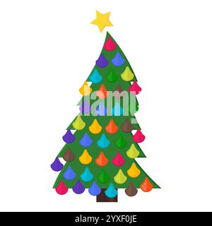 Weihnachtsbaum mit Weihnachtskugeln und einem Stern auf der Spitze. Vektorabbildung. Stock Vektor