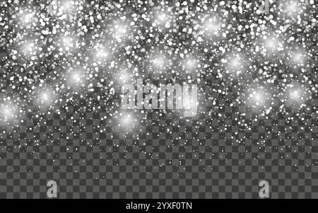 Schneefall und fallende Schneeflocken auf dunklem transparentem Hintergrund. Weiße Schneeflocken und Weihnachtsschnee. Vektorabbildung Stock Vektor