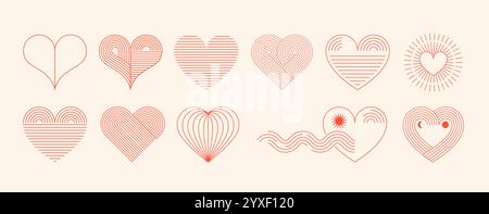 Böhmische Valentinstag abstrakte lineare Kunst Herzen. Minimalistisch geometrische Valentinstag-Herzsymbole, Elemente. Liebe, Hochzeit, Valentinstag-Konzept Stock Vektor