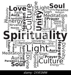 Word Cloud - Spiritualität in englischer Sprache - Schwarz und weiß Stock Vektor
